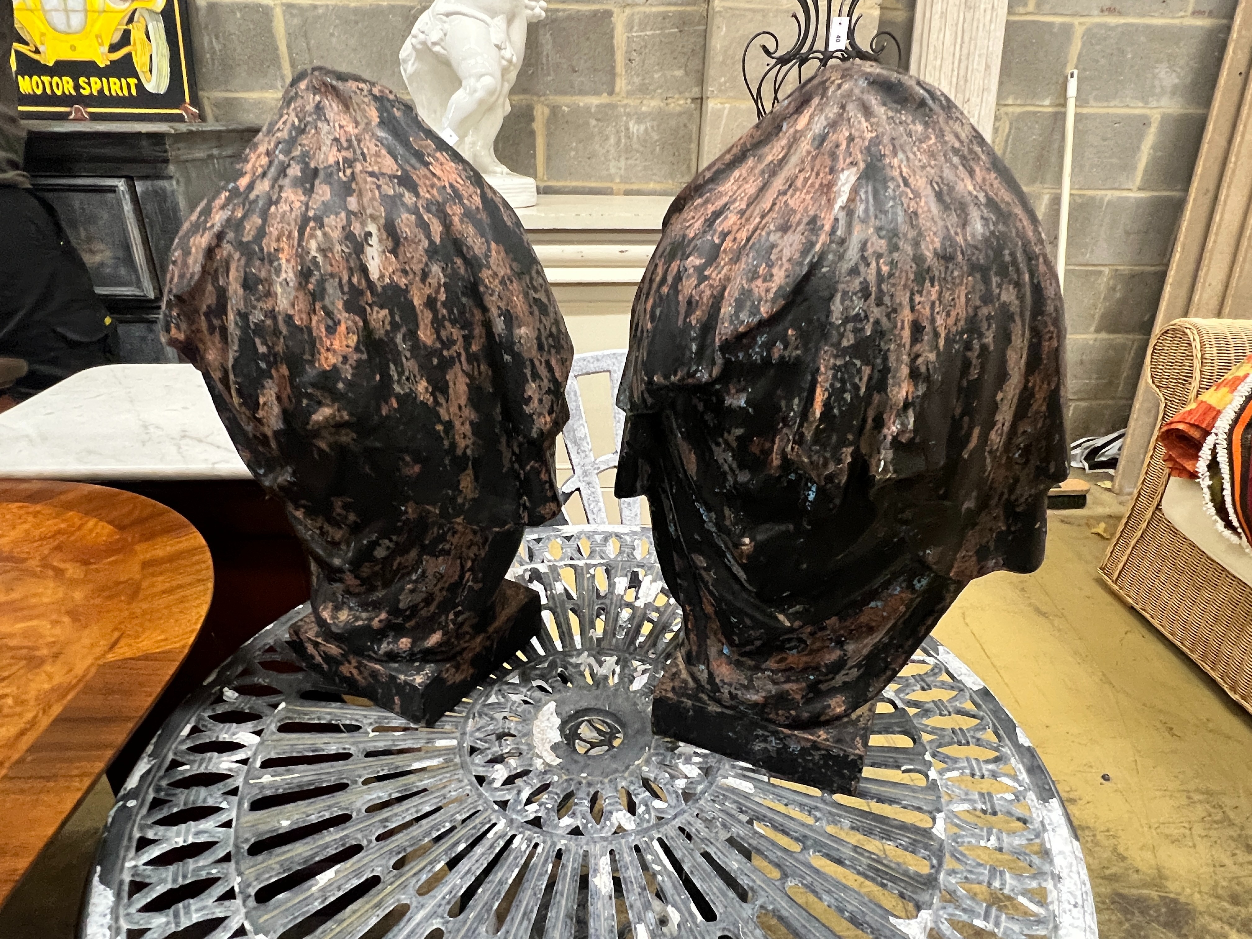 A pair of painted cast iron floral swag urn finials, height 46cm